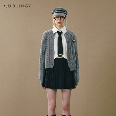 【颖儿同款】GUO JINGYI25秋冬风绞花圆领羊毛毛翻领落肩外套女士