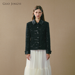 GUO JINGYI2025秋冬新品修身显瘦黑色绣珠羊毛拼皮领外套呢子上衣