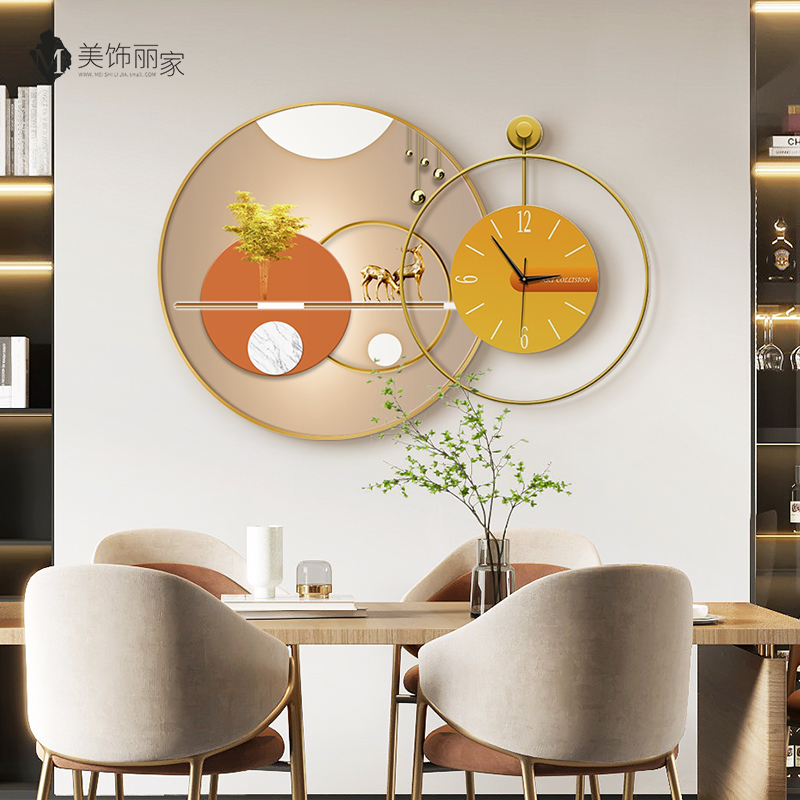 现代轻奢餐厅装饰画高档餐桌背景墙壁画钟表O组合画饭厅墙圆形挂图片