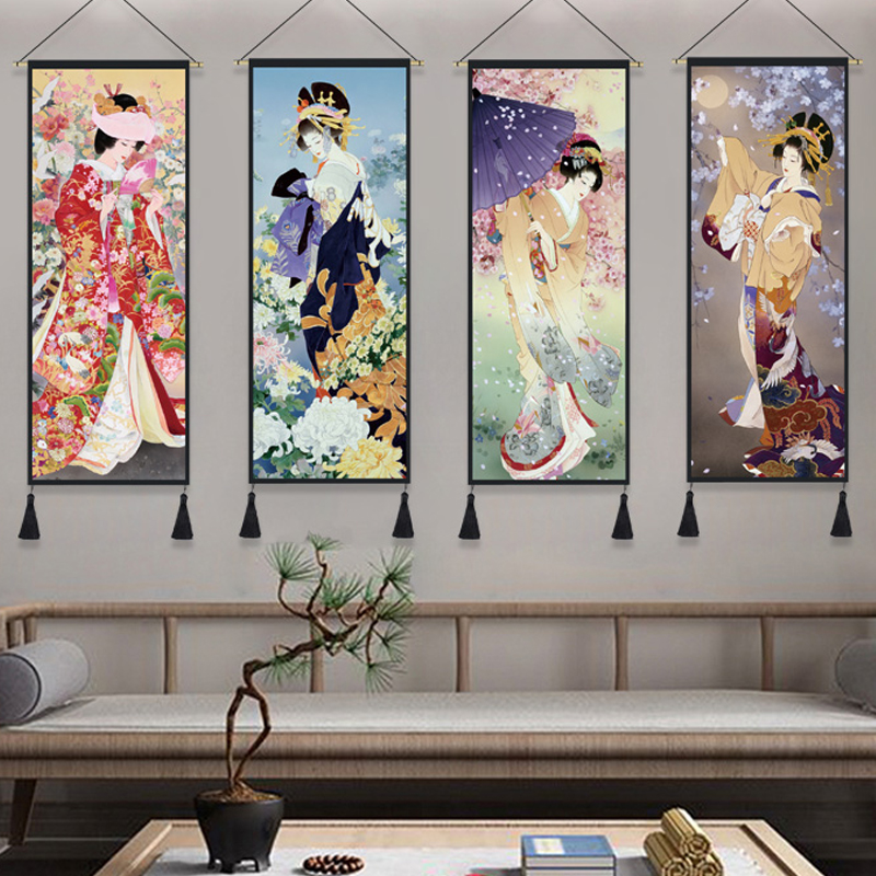 日式仕女图布艺挂画和风背景墙装饰画网红壁毯挂V毯玄关卧室挂布图片