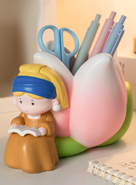 珍珠女孩创意笔筒办公室桌面装z饰小摆件收纳盒送老师学生毕业礼