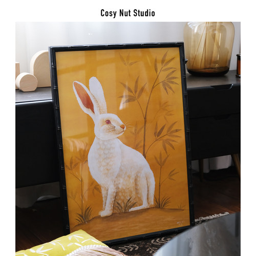 慢松球原创 复古风白兔装饰画 客厅书房中式O欧式动物墙画挂画竖