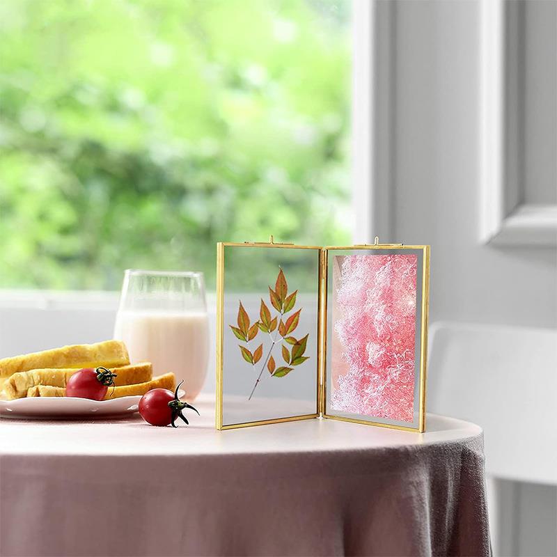 北欧复古风黄铜折页金属玻璃相框 创意植物DIY标本夹桌面装饰摆件