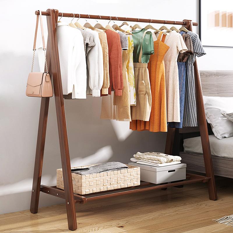 衣帽架实木落地式挂衣架阳台卧室收纳晒衣架可折叠双层挂衣服架子