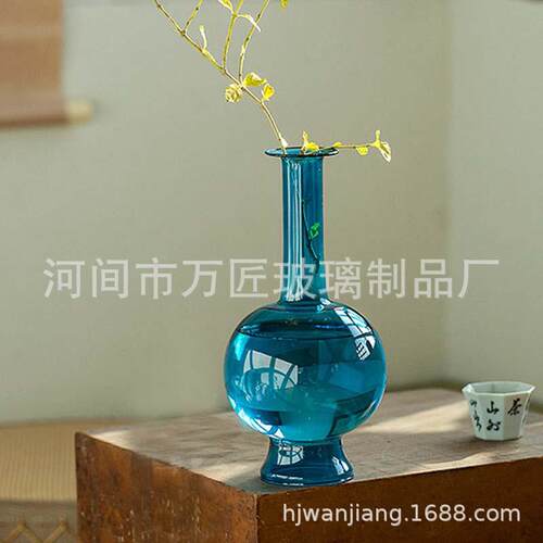 新中式禅意古典磨砂孔雀蓝桌面摆件小花瓶 花艺器皿日式透明玻璃