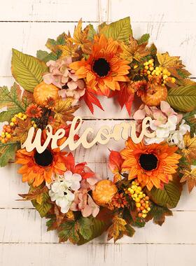 感恩节枫叶装饰秋色向日葵花环 仿真绣球南瓜字牌花圈门挂亚
