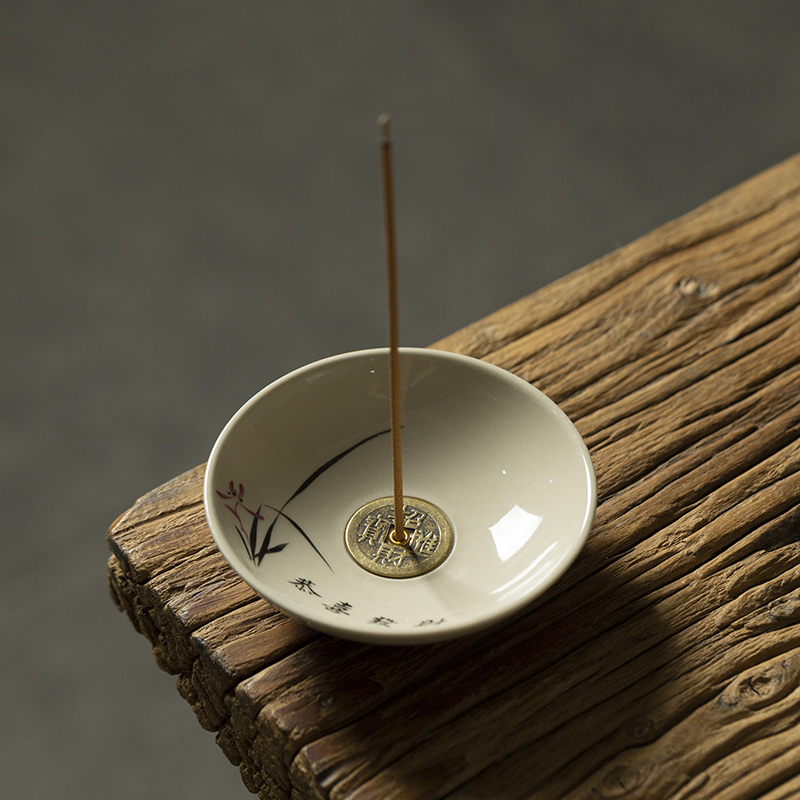 香插线香碟圆型底座香立铜s钱古风草木灰白色香炉小号迷你可携式