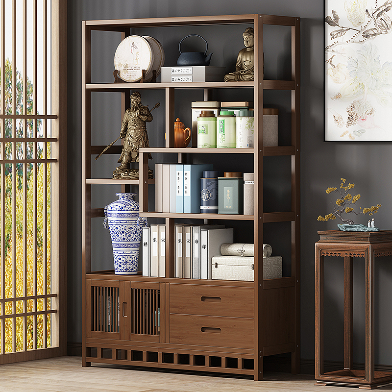 新中式博古架实木多宝阁书架现代简约茶具置M物架茶叶展示柜摆放
