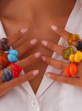 糖果色双水滴树脂戒指女 r2025夏季时尚可爱凸造型网红风指环潮人