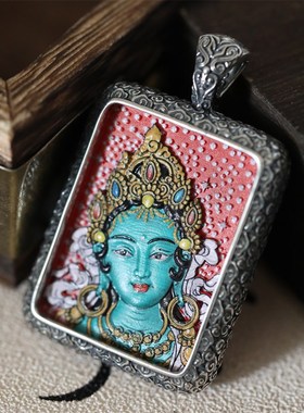 #+S925银方形祥云彩色绿度母朱J砂吊坠女仅吊坠国风项坠