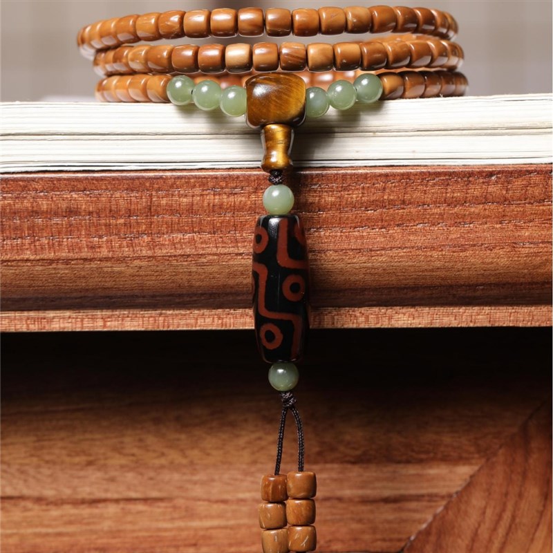 库克高密老料精h工高抛5X6mm108粒念珠配虎眼石三通和田玉天