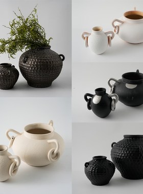 新中式复古带耳陶瓷罐花瓶摆件样板间酒店民M宿客厅玄关花器装饰