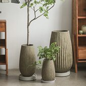 古雅竖条纹圆柱形高款 水泥花盆家用室内样板间售楼部落地绿植花器