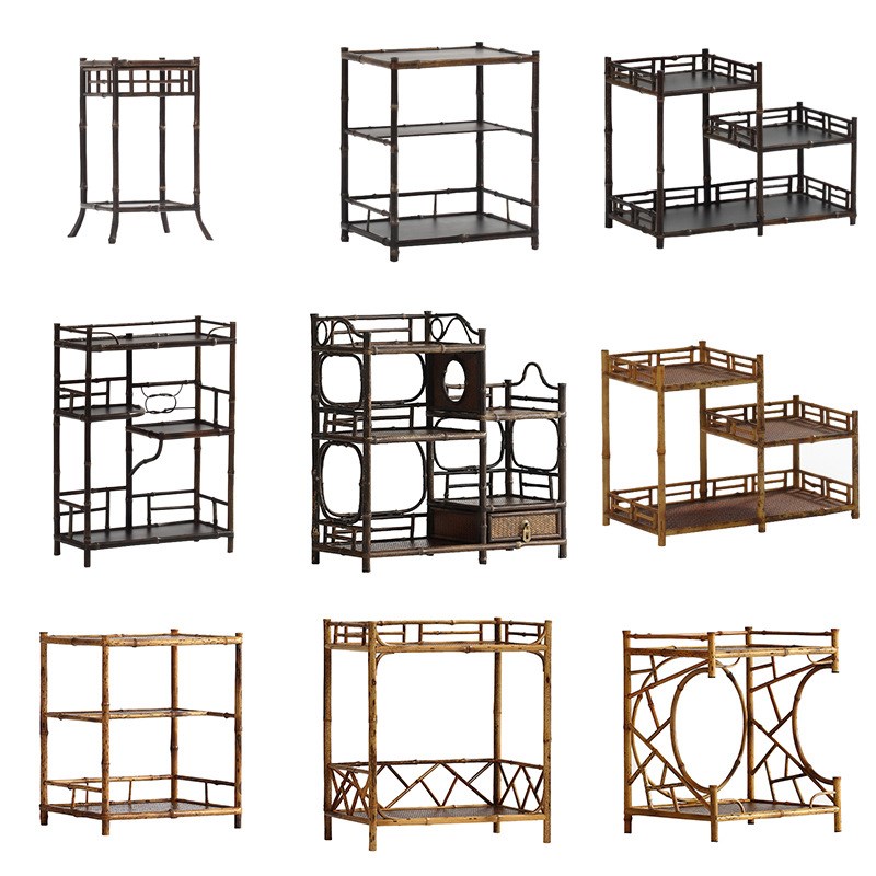 V6OQ紫竹梅鹿竹茶棚竹制禅意博古架茶具收纳茶R架子兰花架凉炉架