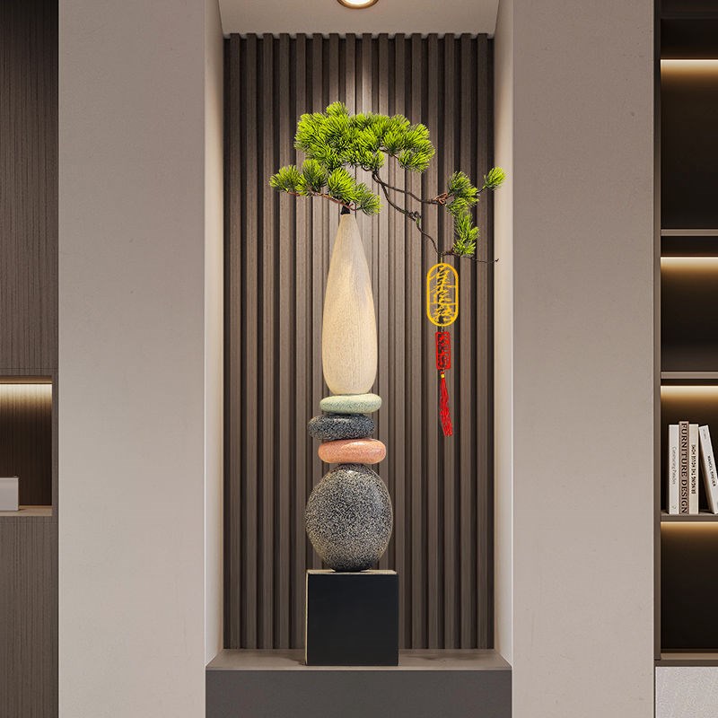 入户门玄s关造景石来运转细长竖高花瓶摆件高级感客厅陶瓷装饰品