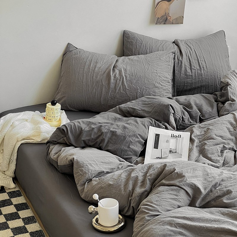 极简男士北欧风灰色褶皱水洗棉四件套纯色床单被套学生Z宿舍三件