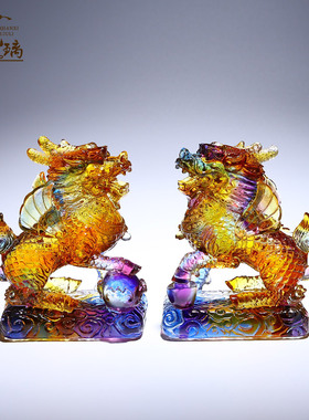 古法琉璃a招财麒麟摆件一对送子客厅电视柜酒柜办公室装饰开业礼