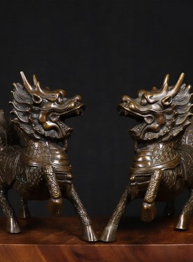 复古全铜麒麟桌面摆件黄铜y麒麟一对客厅装饰品家居工艺品