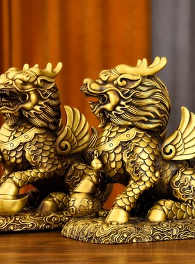 纯黄铜麒麟摆件一对公母火麒麟家居装饰品客厅玄关X办公室电视柜