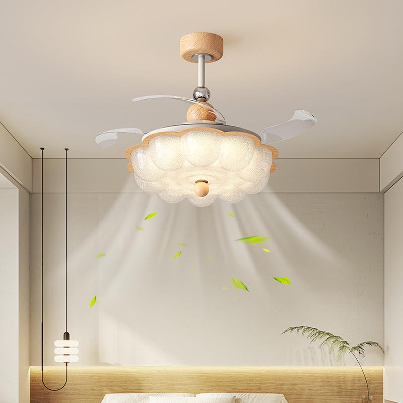中古风风扇灯花朵卧室隐形风扇灯家用奶油风餐厅书房智能一体灯具