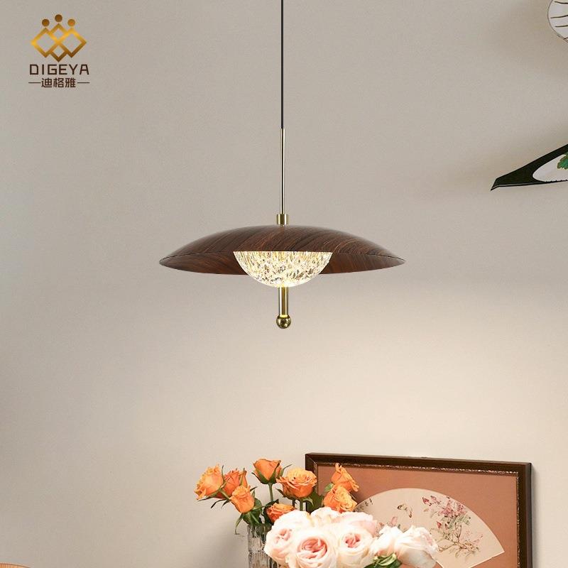迪格雅法式中古木纹餐厅飞碟吊灯极简护眼智能升降餐桌吧台组合灯