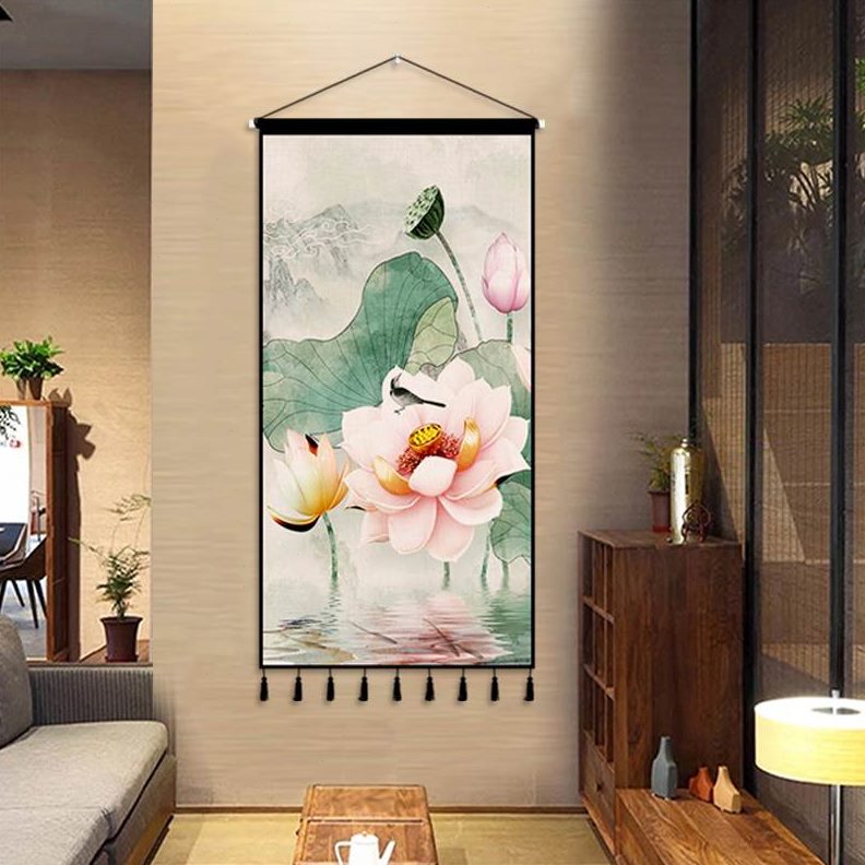 荷花挂毯挂布背景布挂画禅意玄关装饰卧室客厅中国风布艺墙上中式图片