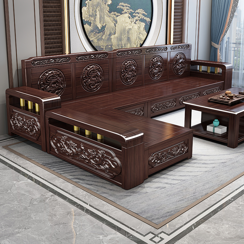 新中式紫金檀木国风雕花实木沙发现代简约家用冬夏两用可储物家具