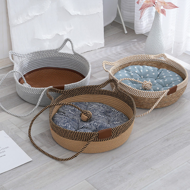 跨境草编冬季保暖猫窝蒲草编织猫咪用品四季通用超大型宠物窝现货