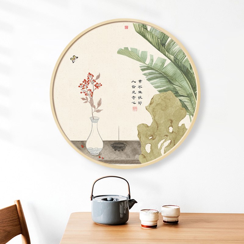 新中式荷花装饰画小清新图案挂画玄关茶室芭M蕉叶墙画民俗圆形壁图片
