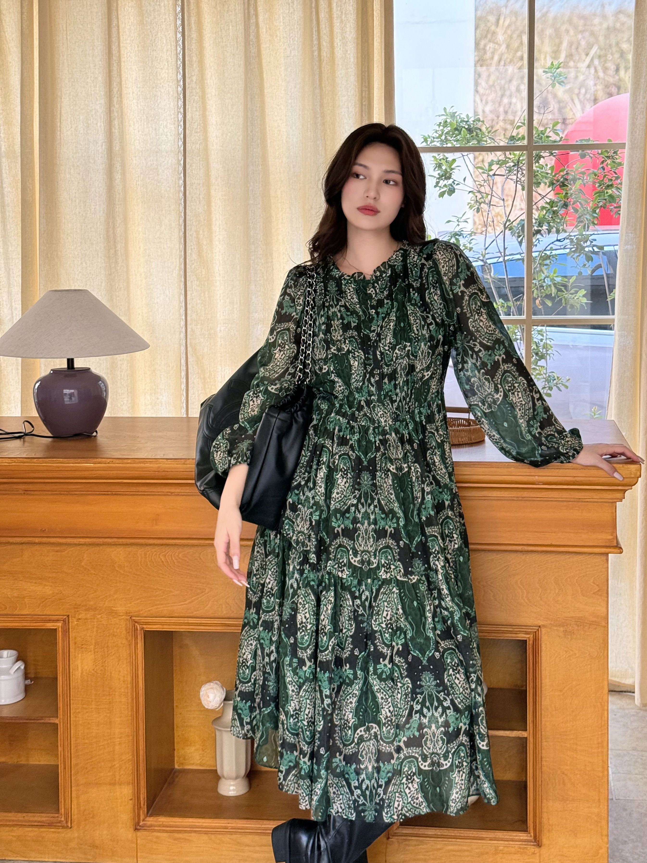 2025秋冬新品大码女装胖mm长袖桑蚕丝连衣裙显瘦真丝长裙杨树林花
