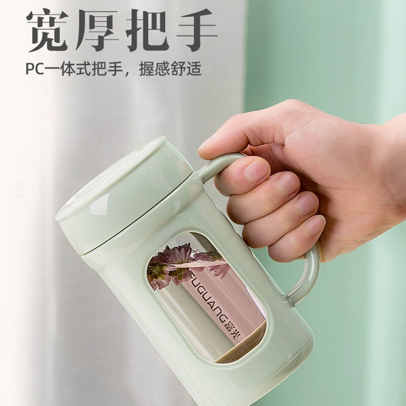 直销玻璃杯家用水杯带盖子高档办公室男女花茶杯带把手过滤网杯子