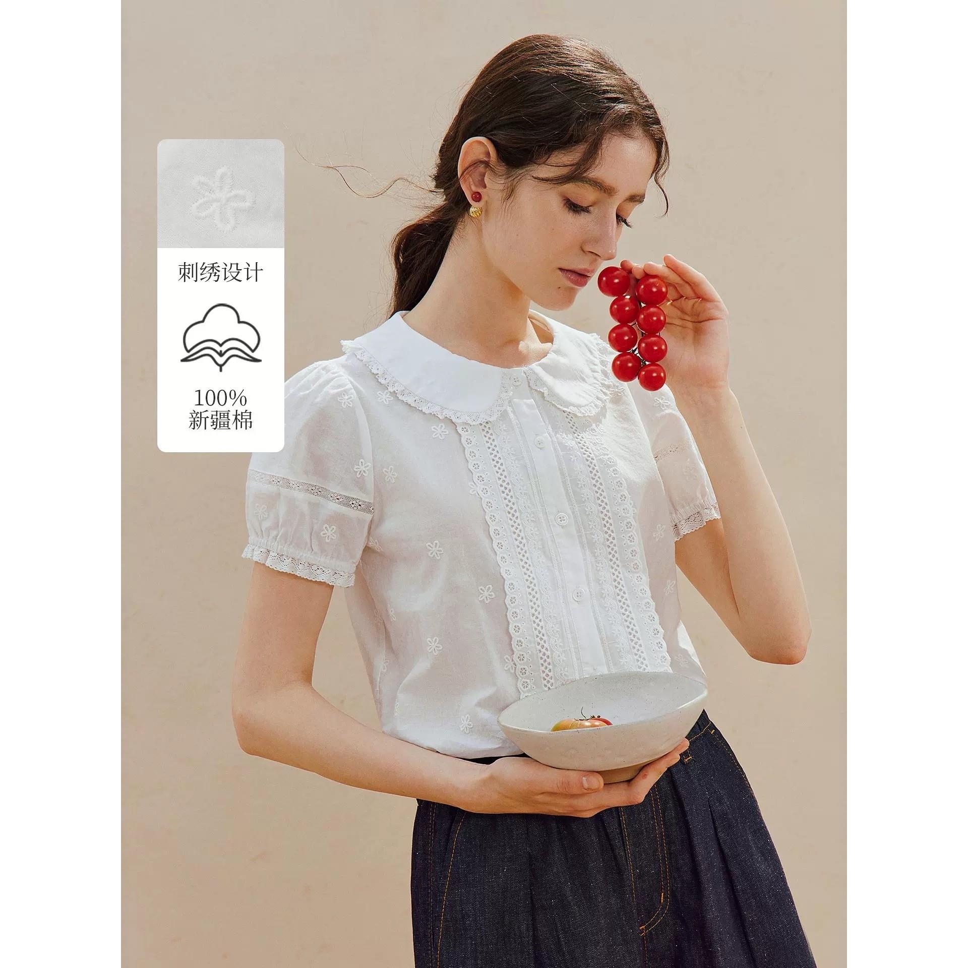清仓法式蕾丝花边娃娃领衬衫女2026夏季纯棉内搭短袖泡泡袖白衬衣