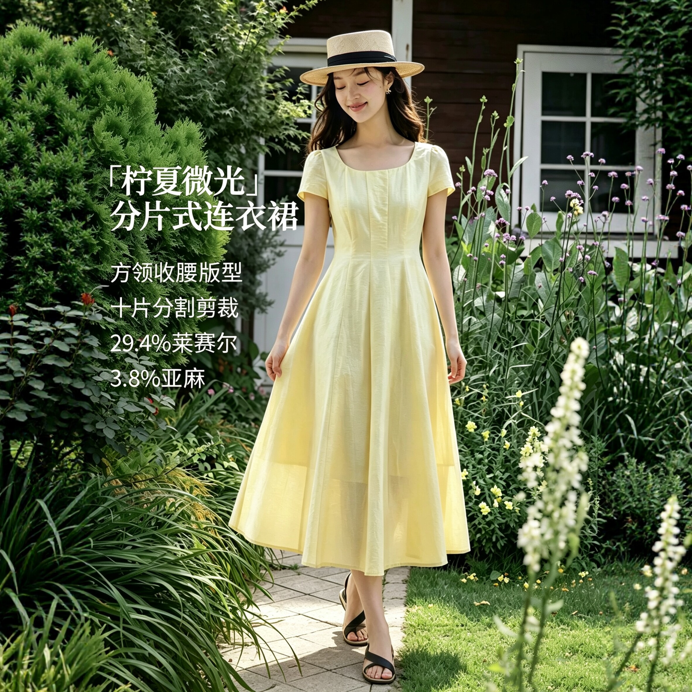 清仓莱赛尔亚麻棉法式圆领短袖连衣裙2026年夏季女装新款气质长裙