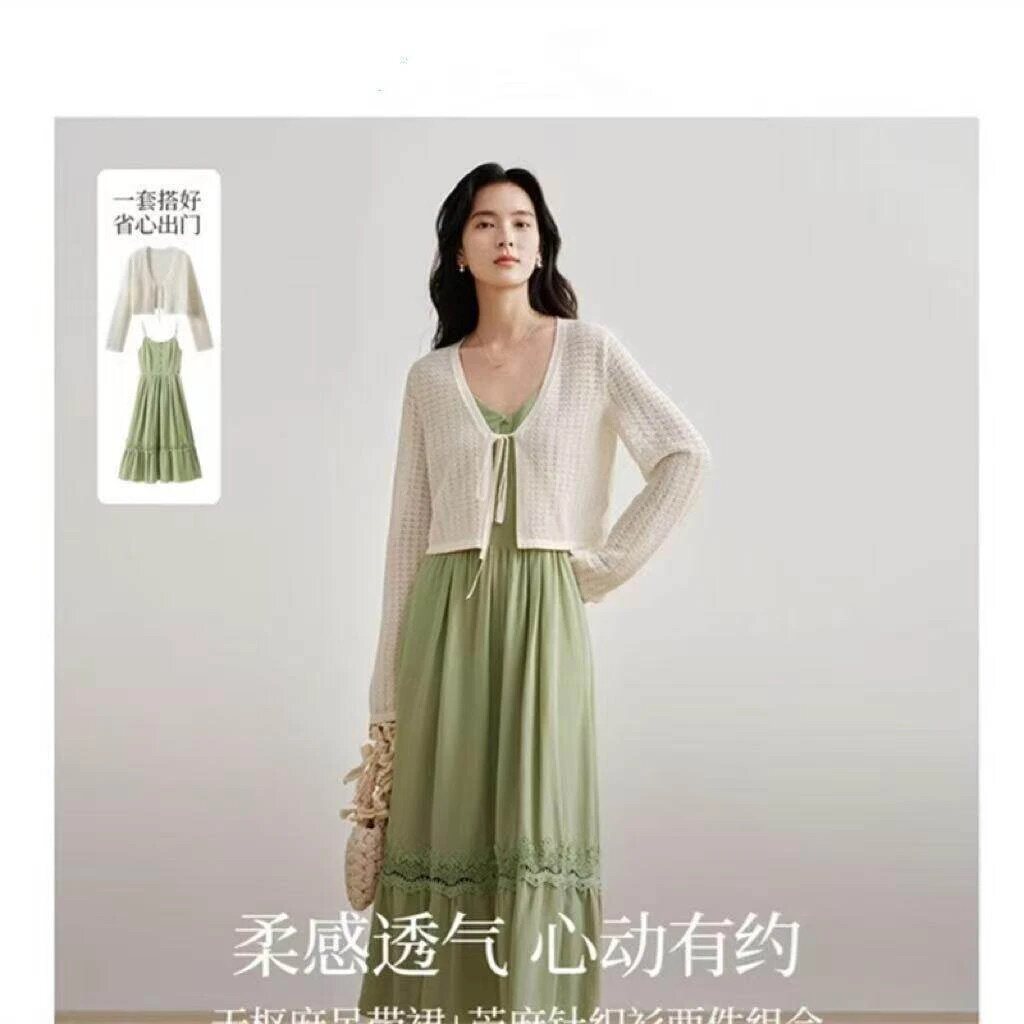清仓天枢亚麻吊带连衣裙女2026年夏季新款V领花边拼接中长款裙子