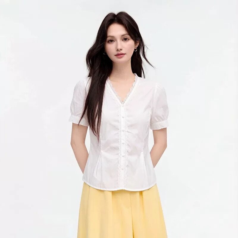 清仓夏季新款法式木耳边上衣女2026年新款灯笼袖休闲宽松百搭衬衣
