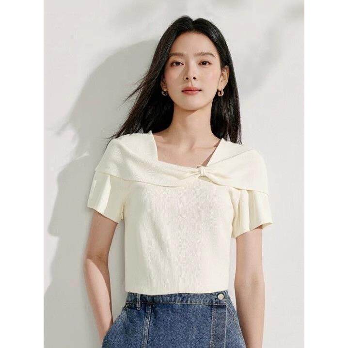 轻熟甜美风蝴蝶结一字肩针织衫女短袖2026年夏季气质麻感冰丝上衣