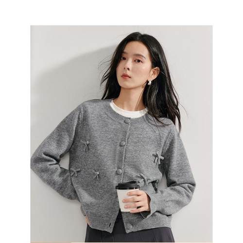 清仓小香风蝴蝶结针织开衫女2025年秋季新款气质圆领灰色毛衣上衣