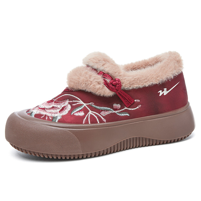 双星布鞋一脚蹬民族风刺绣加绒防滑新中式冬季保暖女鞋时尚棉鞋