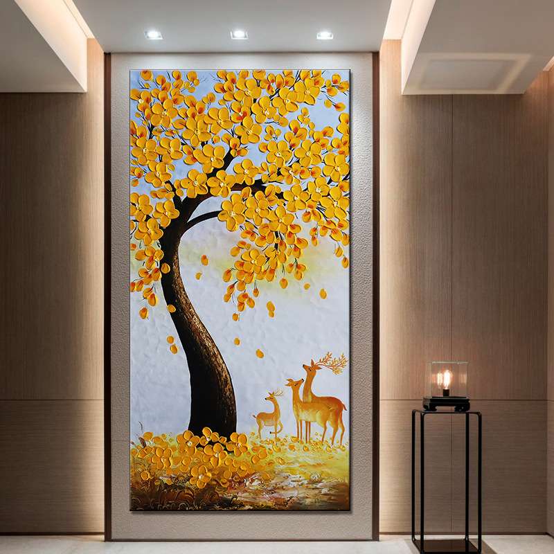 现代纯手绘装饰油画厂家纯装饰厚肌底酒店画发财树立体图片