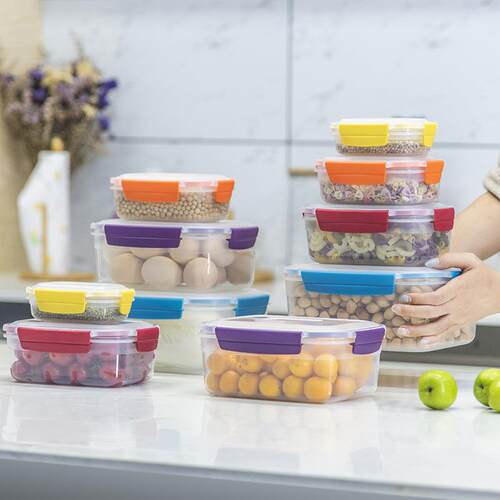 彩虹密封收纳盒5件套家用微波炉果蔬保鲜盒方形便携野餐带饭便当
