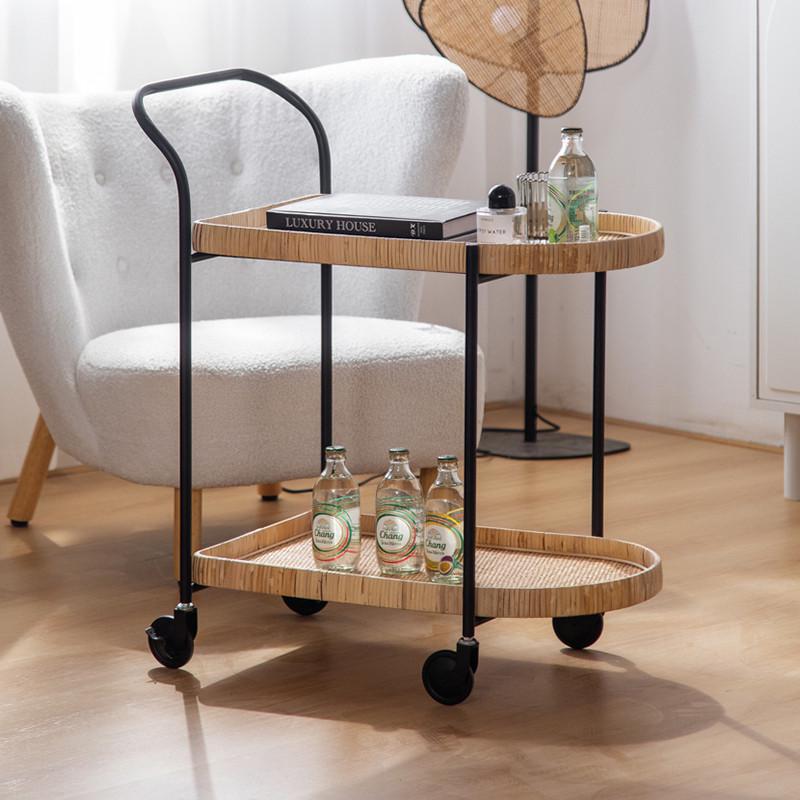可移动藤编茶几多层餐车边几餐边C柜置物架多功能带轮茶水小推车