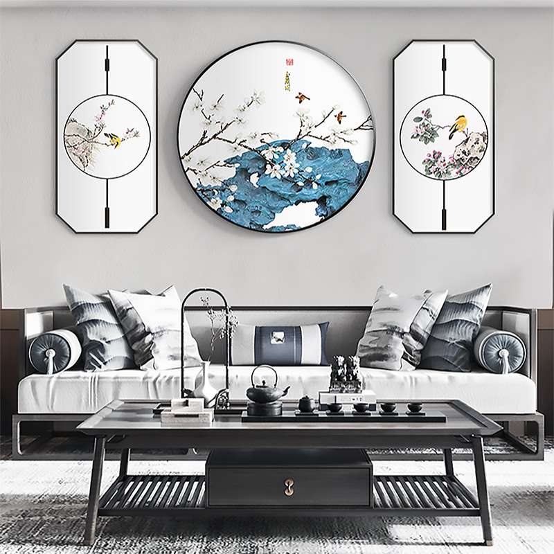 喜上眉梢新中式禅意花鸟装饰画客厅书房茶室挂画创意八边形圆形画图片