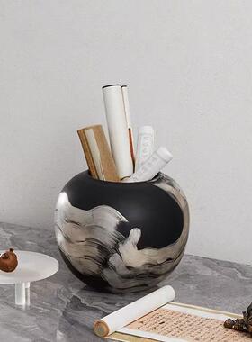 新中式黑色水墨花瓶样板房酒店书柜茶几桌面玄关黑白花器软装摆件