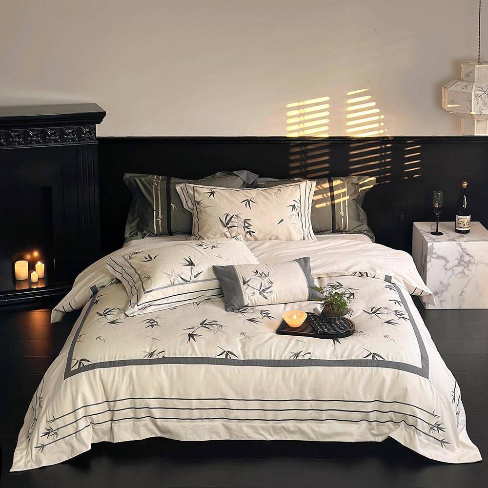 1秋冬季搬家结婚新中式竹叶100支磨毛全棉保暖四件套纯棉床上用品