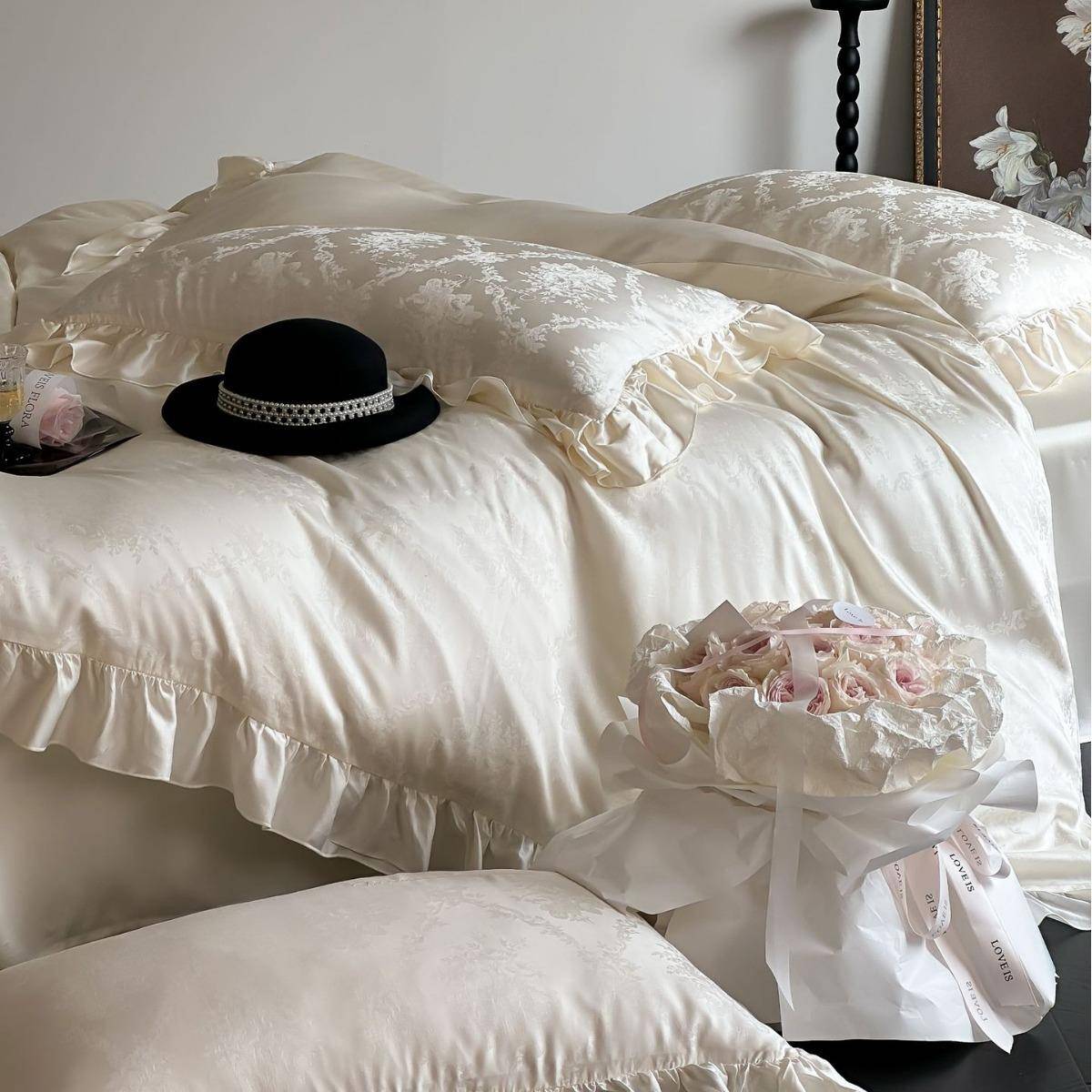 荷叶边法式兰精天丝提花床笠款天丝凉感女生卧室被套床单