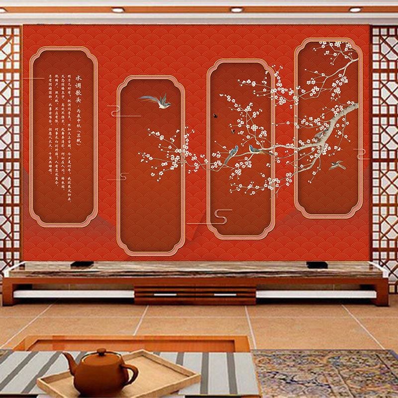 梦硕复古中式3D红色背景壁画火锅店饭店包厢装R修墙纸网红国潮壁