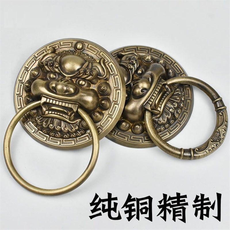 纯铜兽头门环中式仿古麒麟头拉手狮子头虎头门把手复古木大门拉环
