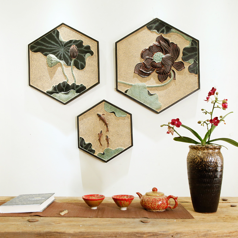 客厅组合背景墙h3D立体浮雕壁画现代简约挂画玄关装饰画荷花无框图片