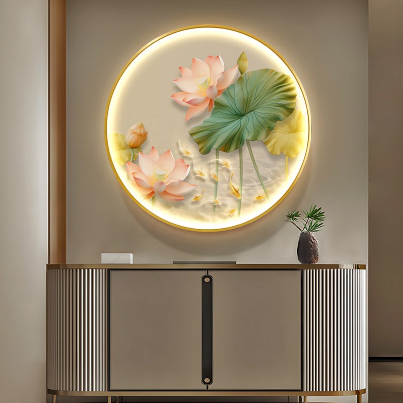 荷花九鱼图发光玄关装饰画新中式圆形走廊轻奢led灯光画壁画挂画图片
