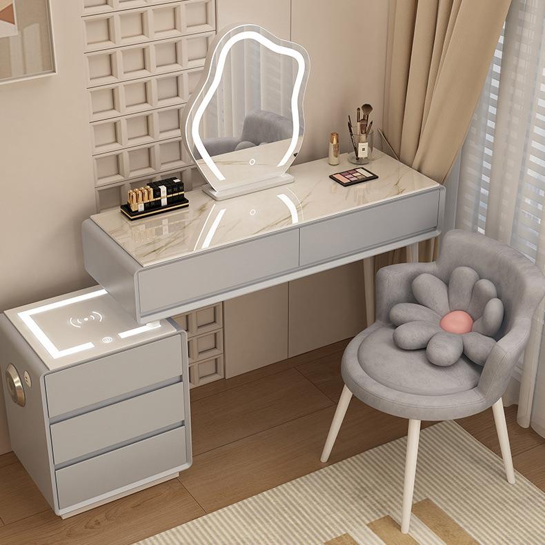 奶风实木岩板无品牌/油梳妆化台斗柜一体智能多功能台卧室轻妆奢
